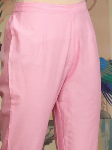 Image of ishin Pink Floral thread work V-Neck Pure Cotton Straight Kurta With Trousers & Dupatta | Kurta set for women | Kurta with trousers and dupatta