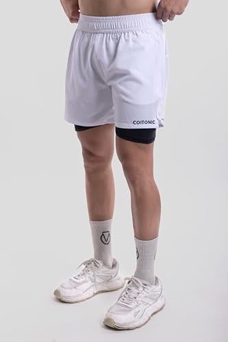 Image of COITONIC 2 in 1 Active Dual Black Shorts with Inner Tights Layer | Men's Double Layer Short for Running, Gym & Sports