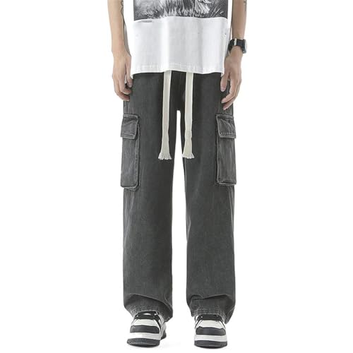 Men's Denim Pants Drawstring Waist Jeans Multi-Pocket Trousers3