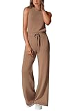 Picture of PRETTYGARDEN Jumpsuits for Women Dressy Casual Summer Clothes Sleeveless Wide Leg Long Pants Rompers Outfits (Khaki,Large)
