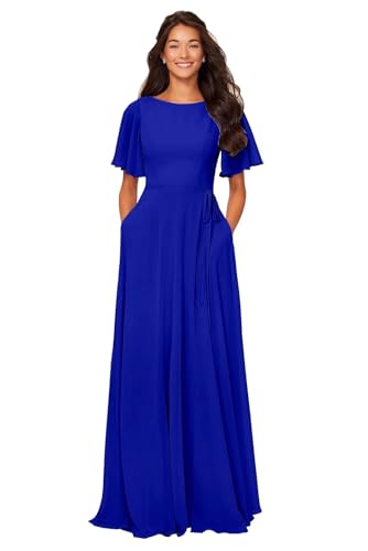 Image of petyoo Chiffon Flutter Sleeve Bridesmaid Dresses with Pockets Sash Long A Line Formal Dress