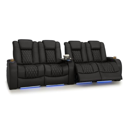 Image of Seatcraft Diamante Black Italian Leather Home Theater Seating, Zero Gravity Power Recliner Gaming and Home Office Chair, Powered Headrest Lounge Sofa Furniture for Cinema Room, Row of 4 Dual Loveseats