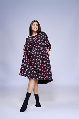 Image of LAMA STORE Women's Printed Oversized T-Shirt Dress, Cotton, 3 /4 Sleeve Length, Casual Loose Fit, Comfort Wear Extra Comfy Oversized Printed Pocket T-Shirt Dress