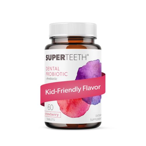 SuperTeeth Oral Probiotics for Mouth Bad Breath & Cavities Oral Defense Dental Probiotic to Support Healthy Teeth & Gums Lactobacillus Reuteri Chewable for Kids & Adults 60 Strawberry Tablets
