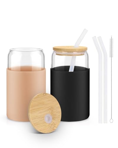 Image of Glass Cups with Lids and Straws, 2 Pack 16OZ Iced Coffee Cups with Silicone Sleeve, Glass Tumbler with Straw and Bamboo Lid, Home Essential Drinking Set for Juice, Cocktail and Latte Black&Khaki