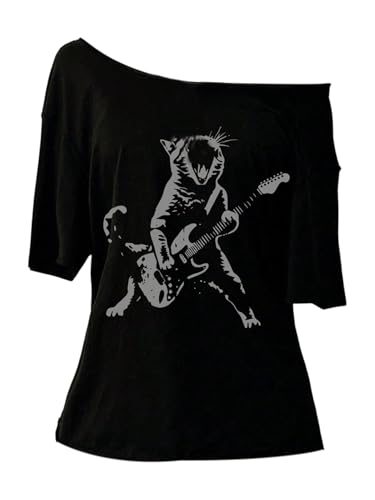 Image of RoseSeek Women's Off The Shoulder Goth Graphic Tees Short Sleeve Asymmetrical Oversized Y2K T Shirts