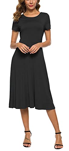 Women's Casual Round Neck Short Sleeve Midi Dress Solid Stretchy Waist Knee Long Dress2