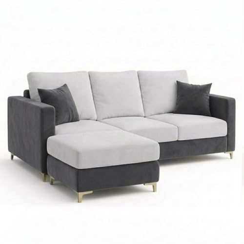 Image of Juliet Rich 4 Seater L Shape Sofa Set with Movable Ottomans | Flexible Layout | Velvet Suede Fabric | Golden Aesthetic Legs | Dual Tone Modern Sofa for Living Room (Dark Grey-Light Grey)