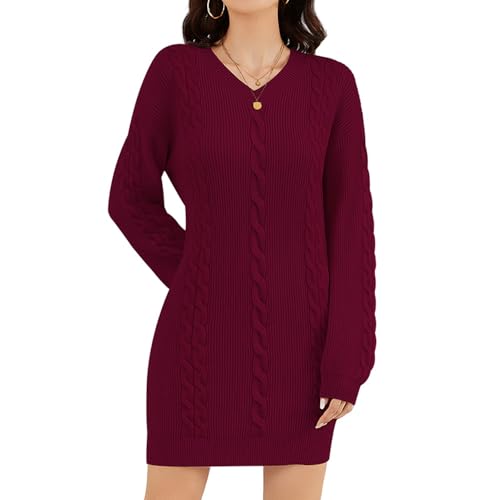 ZLIGXEA Frauen Strickpullover Kleid Herbst V-Ausschnitt Langarm Elegant Bodycon Strickkleid Winterkleid für Freizeitbekleidung Weinrot M