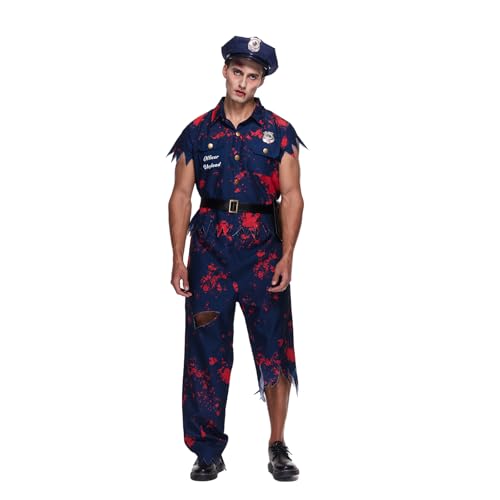EraSpooky Disfraz de Policía Zombie para Hombre Halloween Uniforme de Policía Ensangrentado con Gorra y Cinturón