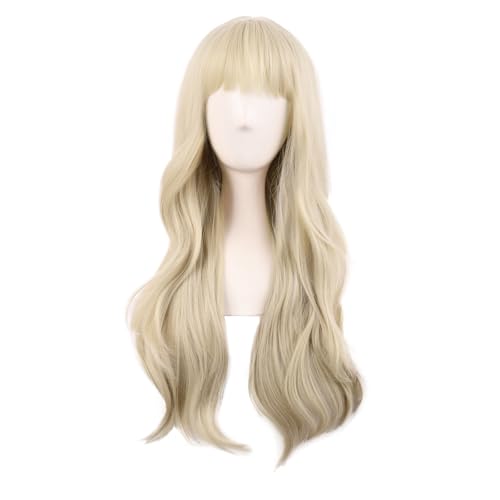 MapofBeauty   Peluca sintética de 28 pulgadas (70 cm) con flequillo largo y cortina, rizada y ondulada, resistente al calor para cosplay y fiesta, color rubio