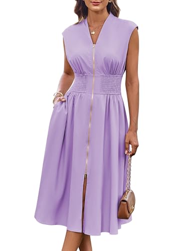Image of GRACE KARIN Womens Summer Casual Dress, Business Office Work Dresses, Cap Sleeve Zipper Front Flowy Midi Dress with Pockets
