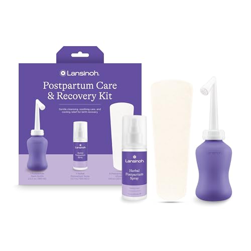 Lansinoh Postpartum Recovery Essentials Kit | 8-Piece New Mom Gift Set with Peri Bottle Herbal Spray & Ice Packs for Soothing After Birth Care