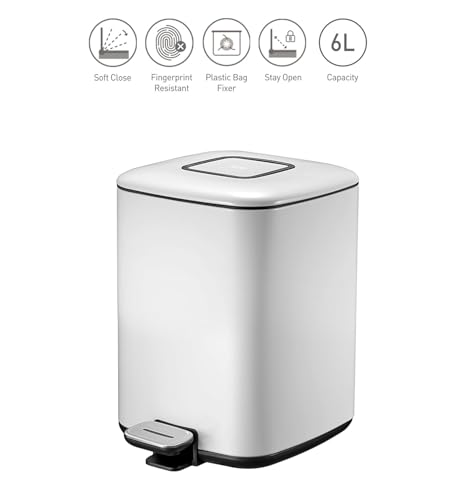 Image of Obsessions EKO Soft-Close Bathroom Trash Can - 6L Stainless Steel Pedal Bin with Lid & Liner, Elegant White Waste Basket for Home & Kitchen