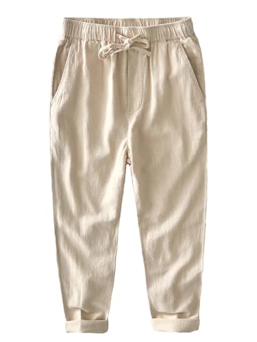 Generic Men's Cotton Linen Pants Summer Breathable Solid Linen Trousers for Male Straight Baggy Pants