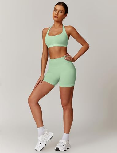 Image of ABOCIW Workout Sets for Women 2 Piece seamless Halter Sports Bra Scrunch Butt Impact Shorts Gym Yoga Outfits