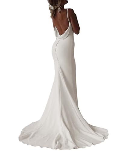 Simple Wedding Dresses for Bride V-Neck Mermaid Satin Beach Bridal Gowns with Sweep Train Backless Evening Dress