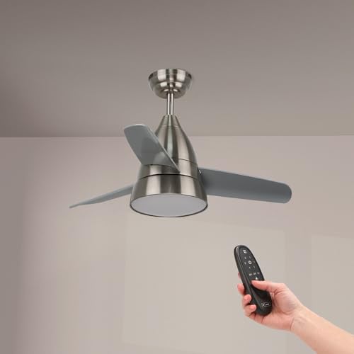 M Ledme - Ventilador De Techo Led Silence 54w Niquel, Mando A Distancia, Motor Dc 30w Luz Led 24w, 6 Velocidades, Silencioso,3 Aspas, 91 Cm, Función Verano-Invierno, Temporizador
