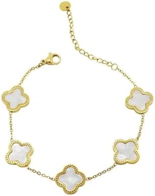 Lucky Four Leaf Clover bracelet for Women and Girls 18 k Gold Plated Stainless Steel - white color