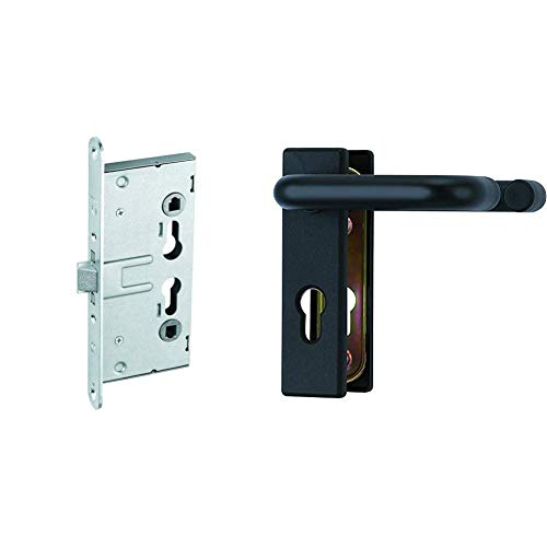 Einsteckschloss EFS65 für Feuerschutztüren, 21511 & Beschlag KFG für Feuerschutztüren mit beidseitigem Drücker, schwarz, 21523