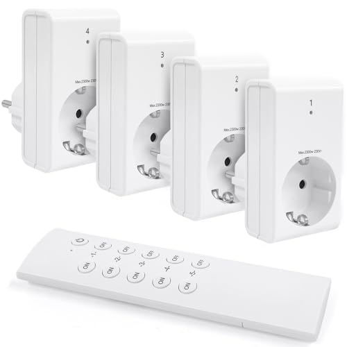 G-Homa Funksteckdosen mit Fernbedienung, 4er Steckdose Set mit 1er Fernbedienung für Haushaltsgeräte, Weihnachtsbeleuchtung, 30M Große Reichweite, Programmierbar, 2300W/10A, CE-gelistet, Weiß