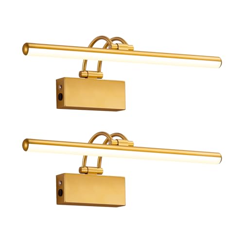 Image of KDG LED Cordless Wall Picture Lights Set of 2 with Remote, 5200mAh Rechargeable Dimmable Art Lighting, Adjustable Swing Arm, Picture Frame Light for Gallery, Living Room, Hallway, 16.3 inch, Gold