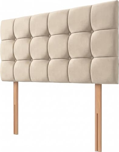 Image of NK Box Stitch Velvet Headboard- Plush Velvet Upholstered Cube Box Tufted Headboards for Divan Beds - 20 Inch Padded Cubic Design (Cream, 4ft 6inch Double)