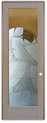 Frosted Glass Interior Door - Banana Leaves - 3D Enhanced Clear - Tropical - 30" x 80" - Knob on Right - Pull Open - Alder Clear