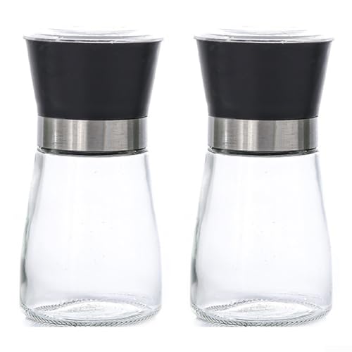 Macinino manuale in acciaio inox con supporto in vetro per macinare spezie, erbe e chicchi di caffè con opzioni di macinazione regolabili (nero corto)