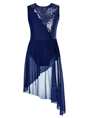 iiniim Vestido Lentejuelas de Danza para Niña Maillot de Patinaje Artístico Leotardo con Falda Tul Body Ballet Disfraz de Baile Actuación A Azul Marino 11-12 años