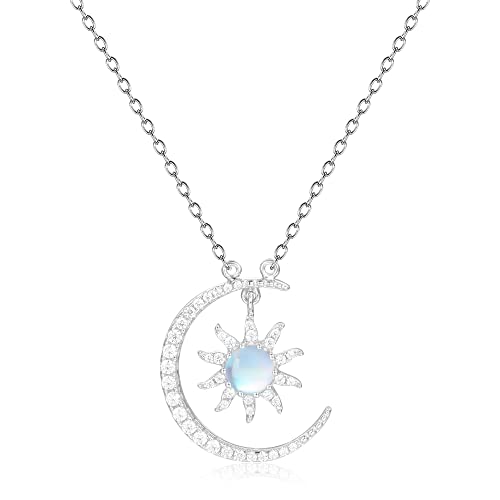 Gem's Beauty White Opal Necklace Genuine 925 Sterling Silver Pendant Moon And Sun Necklaces Bridal Wedding Jewelry Handmade Necklace Christmas Gift For Women Girls 16+2 Inches Extender #TOP6