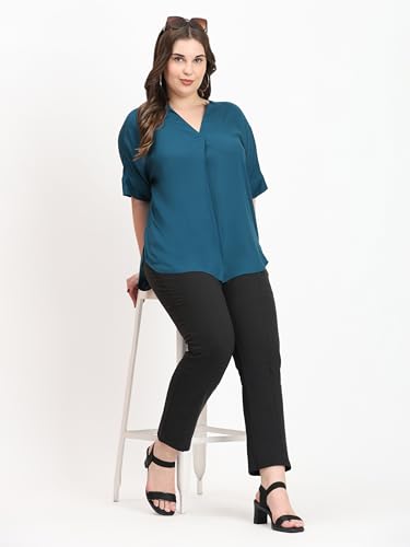 Image of SINDOORI Relaxed Fit Tops for Women Plus Size Solid Printed Mandarin Collar, Band Collar, V-Neck Top, Half Sleeve Loose Fit