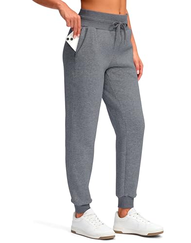 Viodia Womens Fleece Lined Joggers Winter High Waisted Warm Cotton Sweatpants Thick Lounge Sweat Pants with Pockets Heather Dark Grey XXL