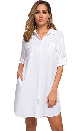 LUSMAY Women's Long Sleeve V Neck Button Down Shirt Dresses Casual Summer Dress with Pocket3