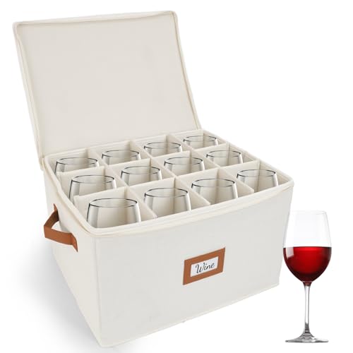 HOMELUX THEORY Wine Glass Storage Box with Dividers, Ivory Hard Shell China Storage Containers, Kitchen Storage Bins With Lids, Heavy Duty Moving Box for Packing Glasses, Stemware & Glassware