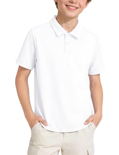 Auranso Boys Polo Shirts Golf Tennis Collared Shorts Sleeve Kids School Uniform T-Shirts Lightweight Quick Dry Athletic Tops White 12-13 Years