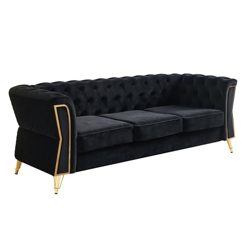 Image of KEIKI 87 inch Chesterfield Velvet Button Tufted Sofa with High Density Foam Cushions, Modern Style 3-Seater Couch with Gold Strip Trim Decoration, Easy Assembly, for Apartment, Living Room, Office, Black