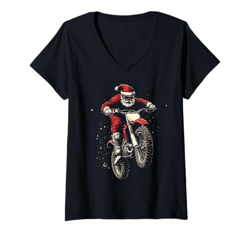 Donna Dirt Bike Babbo Natale Divertente Motocross MX Biker Natale Maglietta con Collo a V