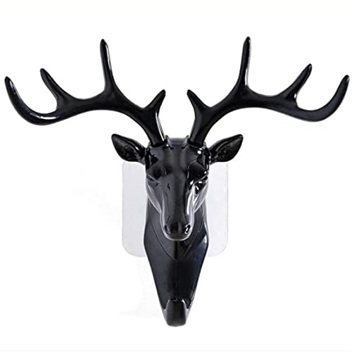 RENARSH Deer Head Hook, Self Adhesive Wall Door Hook Hanger Bag Keys Sticky Holder Wall Mount (Black), Plastic, Pack of 1 (18.5 cm x 16.5 cm)