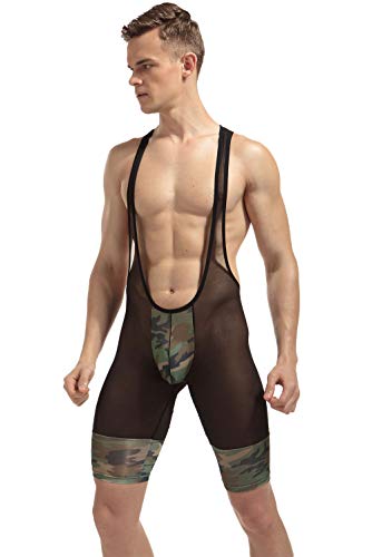 Herren Sheer Camouflage Sportbody Transparenz Camo Ringer Body Style Sport-Tights Unterwäsche Hose-Body Bodysuit Einteiler Overall Slim Fit Männerbody Stringer Nylon Jumpsuit Ringeranzug (M/L)