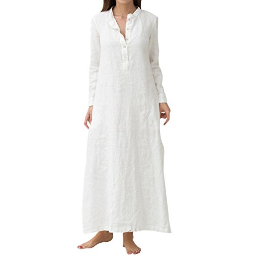 Preisvergleich Produktbild FNKDOR Damen Langarm Casual Leinen Baumwolle Maxikleider Leinenkleid (2XL, Weiß)