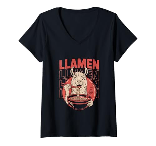 Mujer Llamen Funny Llama Ramen Fideos Comida Juego de palabras Camiseta Cuello V