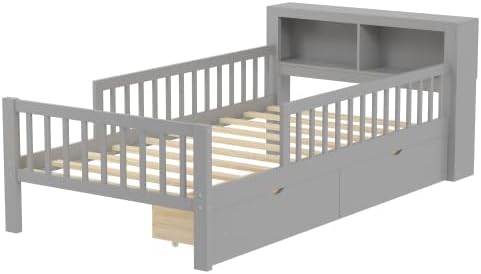 Miniatura 7 de Bellemave Base de cama individual para niños con vallas, 2 cajones y cabecera de almacenamiento, cama de plataforma de tamaño individual con