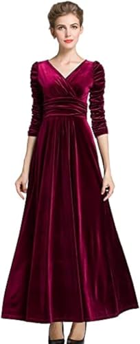 Womens Christmas Long Sleeve V Neck Velvet Maxi Dress V-neck Long Hem Red Velvet Dress (Wine Red XL)