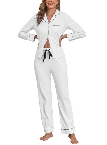 Image of Veseacky 100% Cotton Women's Pajama Set Long Sleeve Button Down Sleepwear Soft Pjs Lounge Sets Nightwear Pjs XS-XXL