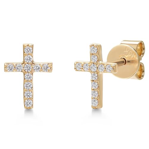 Gem Stone King 10K Yellow Gold Lab Grown Diamond Small Cross Earrings | G-H Color VS-SI Clarity | 22 Diamonds | Cross = 8x6MM | Jesus Christian Religious Crucifix Jewelry Earrings For Women Men