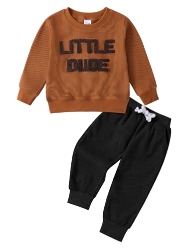 Toddler Baby Boy Fall Clothes Little Dude Print Embroidered Long Sleeve Sweatshirt Pants Sets Waffle Winter Outfits