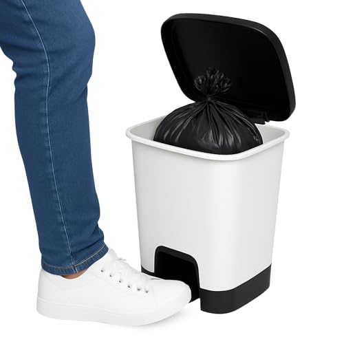 Cubo basura plástico, Cubo basura apertura pedal, Papelera de pedal, cubo de Pedal, Basura para oficina, Libre BPA, 45 cm alto x 38 cm ancho x 32 cm fondo, Capacidad 27 Litros, Blanco/Negro