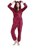 PEHMEA Women's Onesie Pajamas Sherpa Plush Hooded Romper Cozy Winter Sleepwear Holiday Party One Piece PJs for Adults, Teens(Red-S)