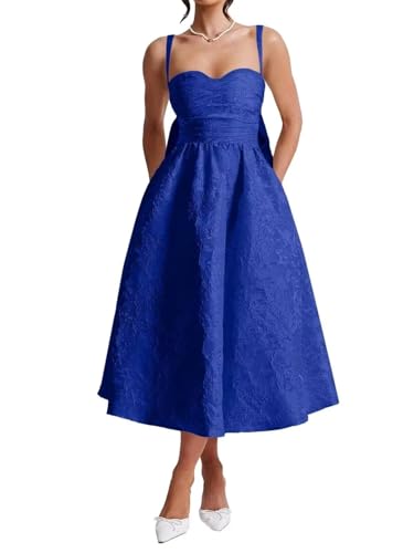 Tea Length Satin Jacquard Prom Dress with Bow A Line Sweetheart Formal Cocktail Party Gowns Bridesmaid Dresses YH66